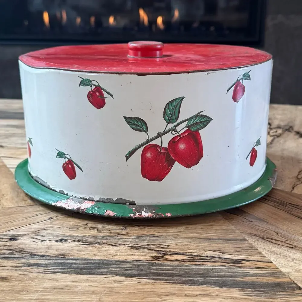Vintage Decoware Tin Cake Carrier 1950s Metal Keeper Apple Litho Mid Century
